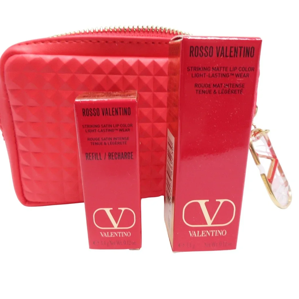 Valentino Rosso Valentino Lipstick Set 123R Matte 22R Satin Refill Red Pouch NEW